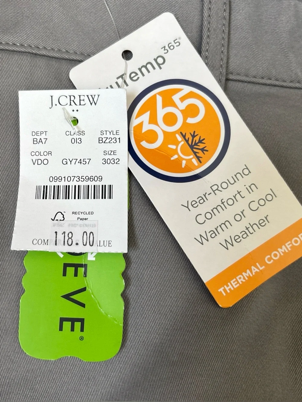 J. Crew Flex Men's Straight Fit Chino Pants, Gray 30x32, NWT